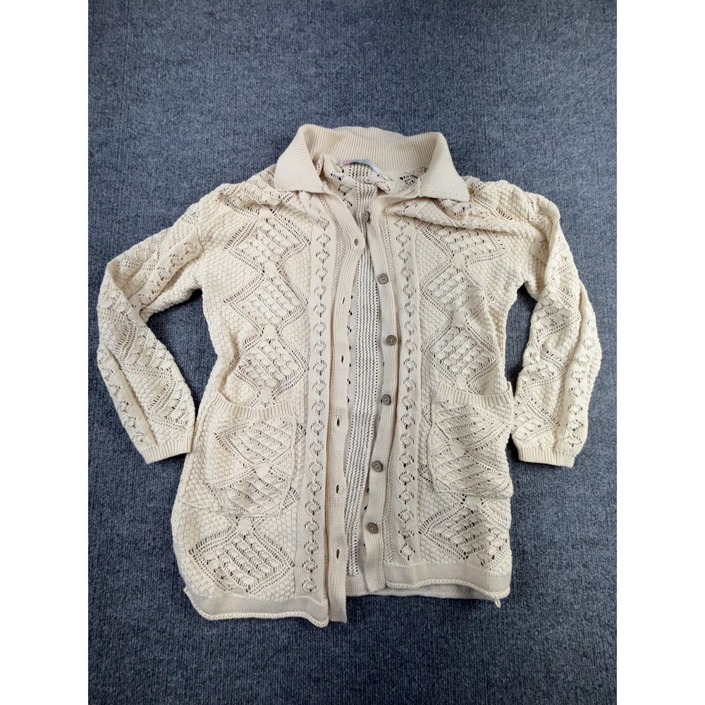 FP Beach Cardigan Sweater Womens Large White Open Knit Collared Longline Pockets